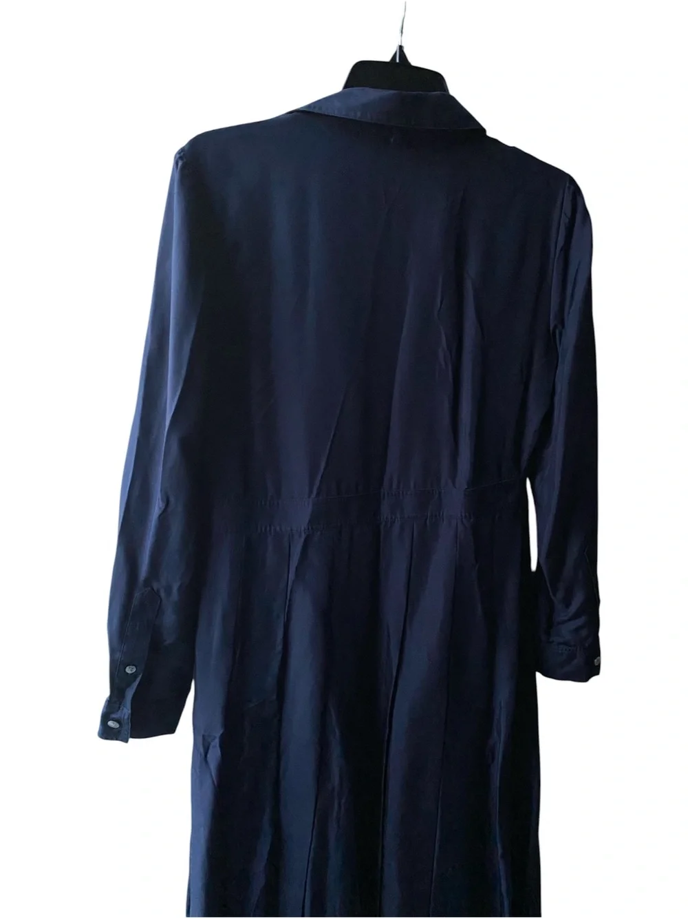 TORY BURCH SILK Navy Blue 100% Silk Pleated Midi Shirtdress long sleeve